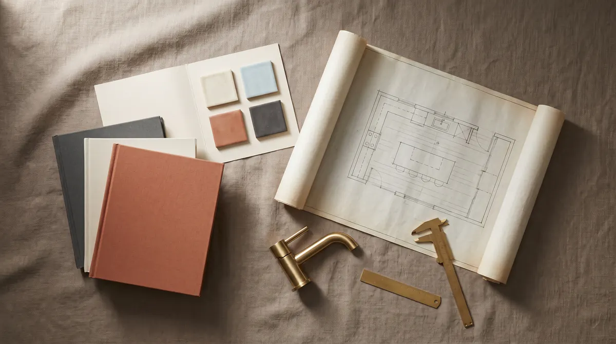 Symbolic still life of design books, a folded tile sample sheet, an architectural floor plan, and a brushed brass faucet sample on warm taupe linen