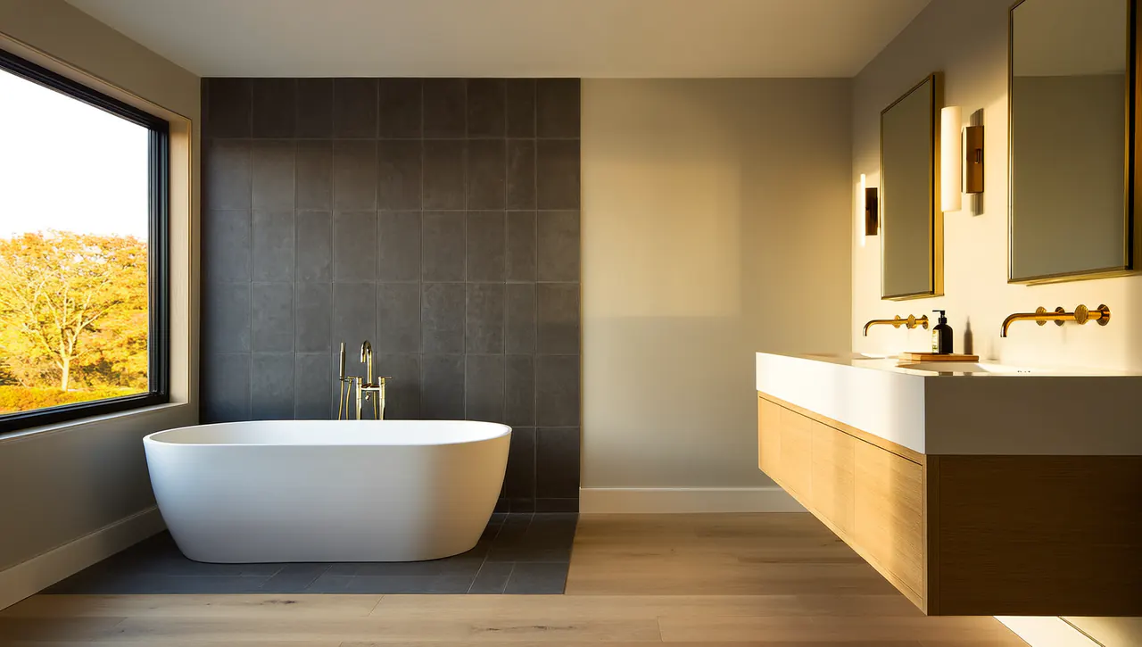 Primary bathroom with freestanding soaking tub against a charcoal large-format tile feature wall and double white oak floating vanity