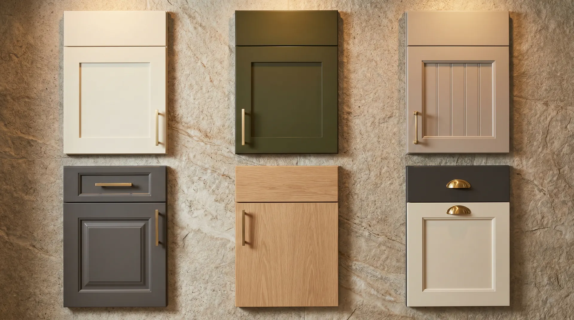 Showroom-style kitchen cabinet door samples — Shaker, slab, beaded inset, raised panel — in cream, deep olive, soft taupe, and rift-cut white oak