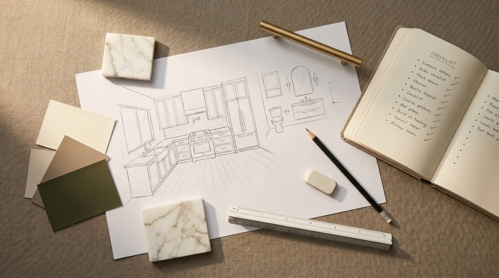 Editorial overhead of a kitchen and bathroom planning workspace — drafting paper layout sketch, color swatches, stone sample, brushed brass cabinet pull, and a checklist notebook