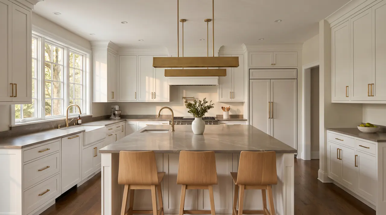 High-end U-shaped kitchen layout in a renovated suburban Paramus home with frameless white cabinets and a central island