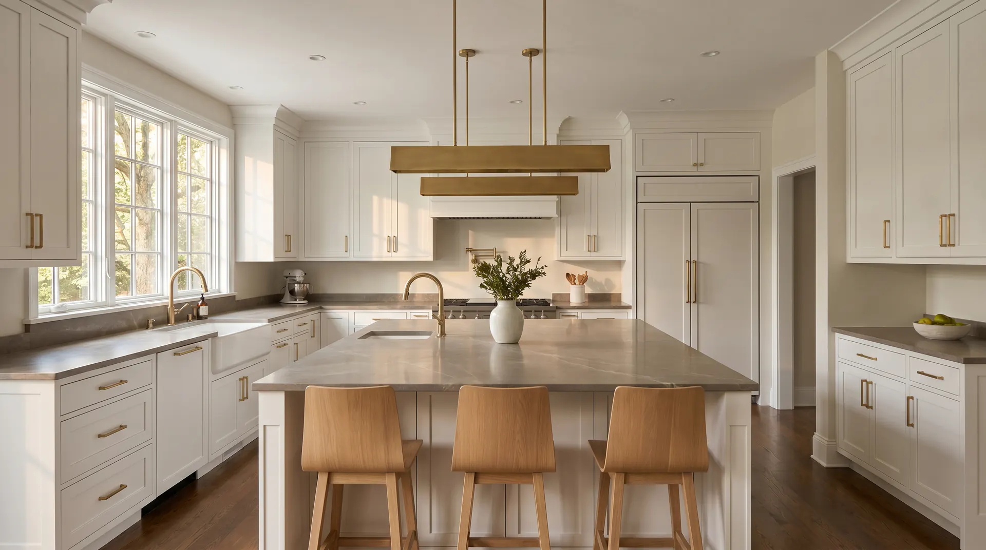 High-end U-shaped kitchen layout in a renovated suburban Paramus home with frameless white cabinets and a central island