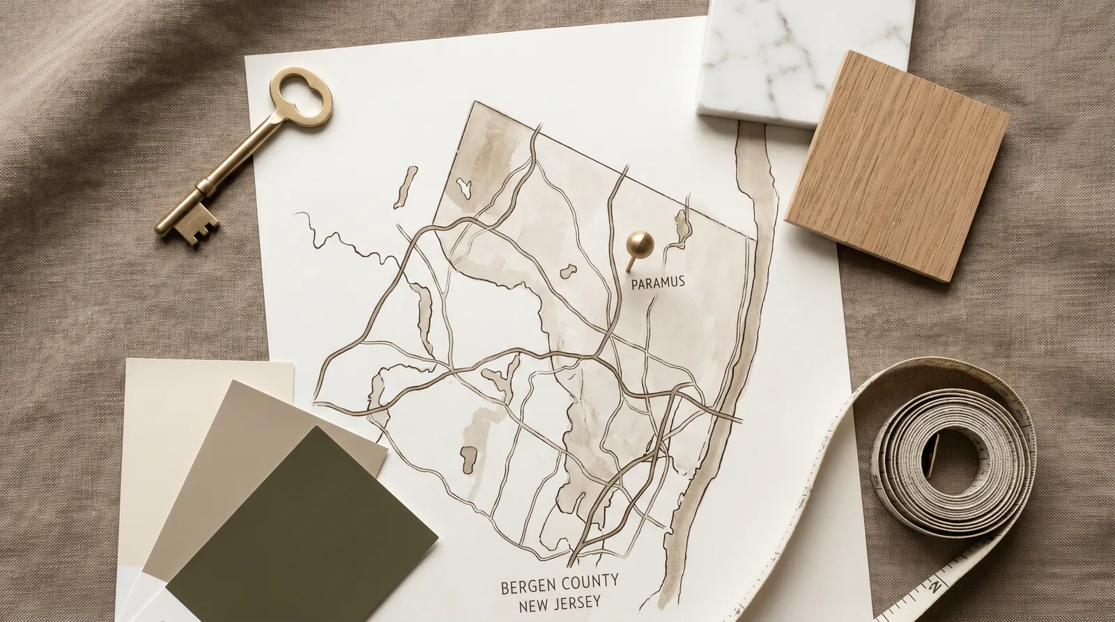 Editorial overhead flatlay of a paper map of Bergen County NJ with Paramus pinned, paint swatches, a tile sample, and brushed brass measuring tools