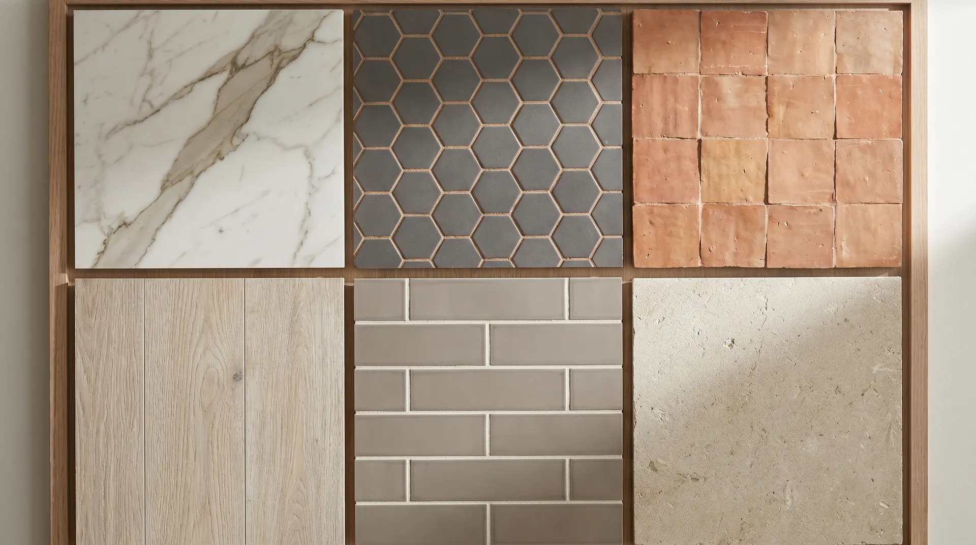Curated tile sample wall — calacatta marble look, hexagon mosaic, terracotta zellige, white oak look porcelain plank, warm gray subway, beige limestone