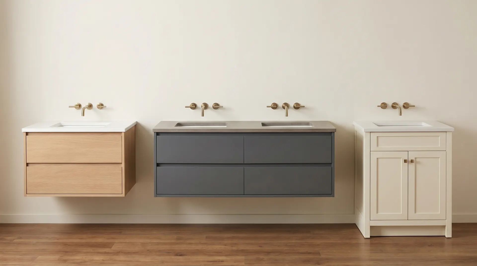Side-by-side comparison of three bathroom vanities in a softly lit showroom — single, double, and transitional in white oak, charcoal, and cream